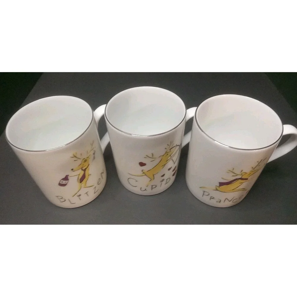 Pottery Barn Reindeer Mugs 12 Oz Silver Trim Lot Of 3 Blitzen Prancer Cupid